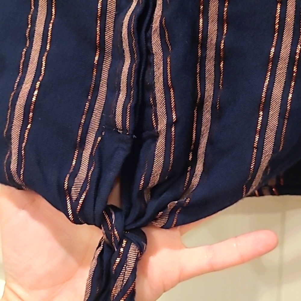 Bella Dahl Cropped Tie Front Button Up Adjustable Sleeve Copper Blouse Sz Med - Picture 5 of 13